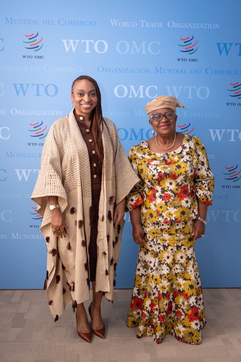 NOIweala's tweet photo. Happy to receive Nigeria‘s Minister of Industry, Trade and Investment, H.E. Dr. Jumoke Oduwole @joduwole, and her Senior Special Assistant, Ms. Olayombo Ade-Ojo. Very productive discussion on @AfCFTA implementation in light of Nigeria’s role as Chair of the AfCFTA Council of Ministers this year. Particularly pleased to hear of developments in the areas of digital trade and digitalization. Also spoke about developments in critical minerals supply chains in Nigeria and Africa, as well as active participation in @wto reform.