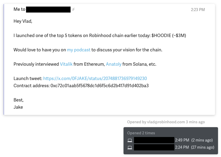 0FJAKE's tweet photo. update: he opened the email a couple of times

seems like hoodie vlad is considering our invitation https://t.co/yvLSkSfnPM