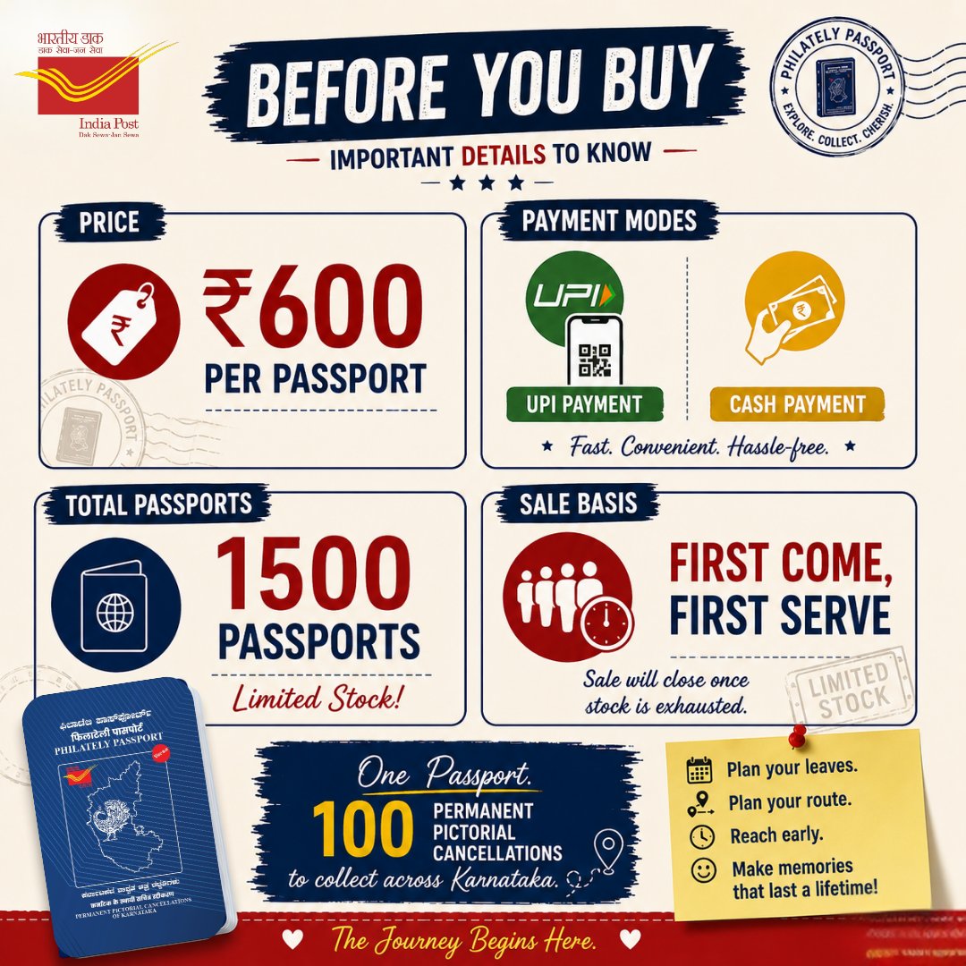 CPMGKARNATAKA's tweet photo. Your #Philatelypassport  journey starts here. 📮

Swipe for everything you need to know before the sale.

🗓️ 10 &amp; 11 July 2026
🕙 10 AM–4 PM
📍 Physical Sale Only
Plan your route. Plan your leaves. Collect memories. ✨

#philately https://t.co/FAoncU4YwM