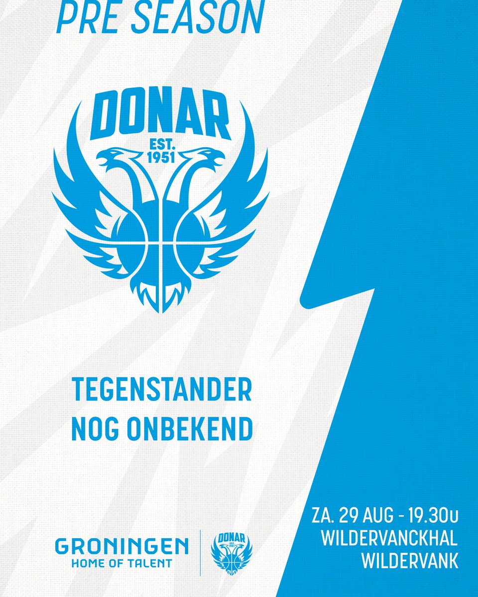 Donar_Official's tweet photo. De eerste oefenwedstrijd van het nieuwe seizoen is weer gepland! 
📅 Zaterdag 29 augustus
🕢 19:30 uur
📍 Wildervanckhal
🆚Tegenstander volgt binnenkort

Heb jij ook weer zin in het nieuwe seizoen? Zorg dat je erbij bent en haal je ticket! 🎟️ https://t.co/8Dq2bN8lMg https://t.co/l2WtqOL29f