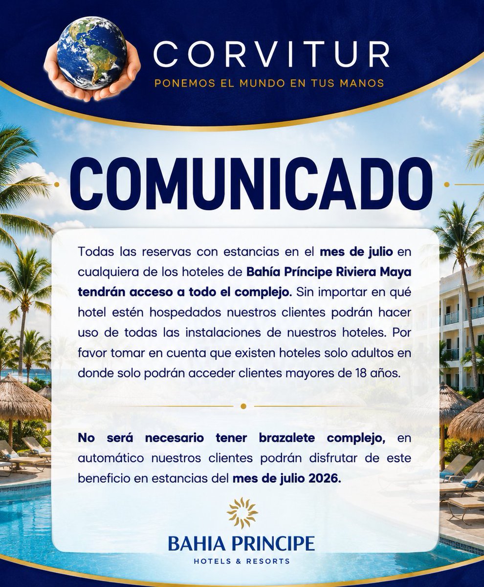 Corvitur's tweet photo. 🌴✨ ¡Julio llegó con mejores experiencias para tus vacaciones!
Si estás pensando en hospedarte en Bahía Príncipe Riviera Maya, tenemos una excelente noticia😍🏖️
📲 Contáctanos y reserva con CORVITUR... Ponemos el mundo en tus manos 🌍🤲 https://t.co/ViiN9iHAAY