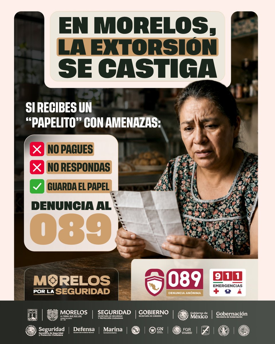 GobiernoMorelos's tweet photo. Ante cualquier llamada, mensaje o nota sospechosa que solicite dinero o datos personales, actúa con precaución. No proporciones información, no realices depósitos y denuncia de manera anónima al 089. ¡Juntas y juntos fortalecemos la seguridad!

#MorelosPorLaSeguridad https://t.co/rmgQV0ZrgA