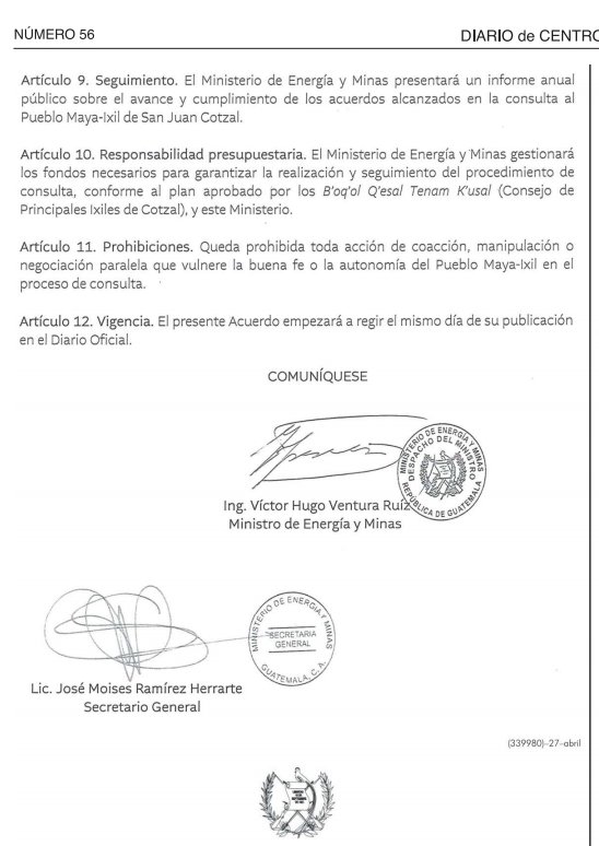 dcuevas_pl's tweet photo. La @CC_Guatemala suspende acuerdo ministerial 145-2026, del Ministerio de Energía y Minas, que llamaba a una consulta al pueblo maya ixil de San Juan Cotzal sobre el proyecto hidroeléctrico Palo Viejo. Votos a favor Molina Barreto, Dina Ochoa y Julia Rivera; Morfín estuvo ausente https://t.co/oeBSOWInpU