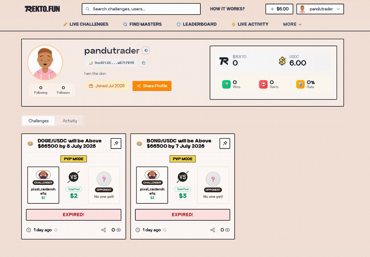 ani_xbt's tweet photo. A small sneak peek into what we are building 👀

The RektoFun Mainnet Beta launch is closer than you think.

The first version will let users create challenges around crypto price action in real time 🎯

Simple and fast - built for CT.

How’s the UI looking so far? 👇👀 https://t.co/X3Mk5e7I7W
