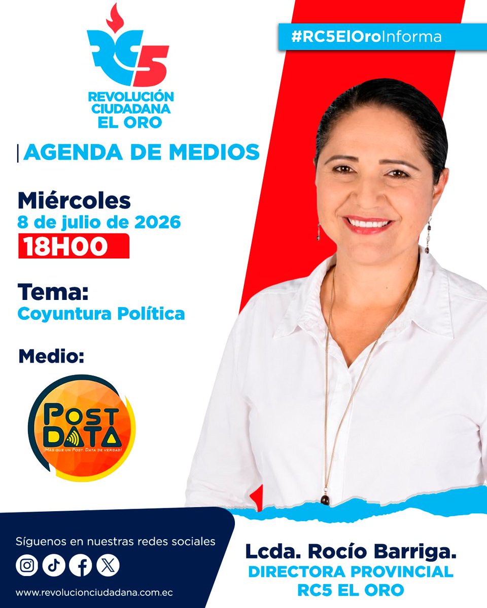 RC5ElOroOficial's tweet photo. 📢 ¡Atención El Oro! Hoy miércoles 8 de julio a las 18H00, nuestra Directora Provincial, Lcda. Rocío Barriga, estará en Post Data hablando sobre la coyuntura política actual. 

No te lo pierdas 🔴🔵
#RC5ElOroInforma https://t.co/g4wXEuZZja