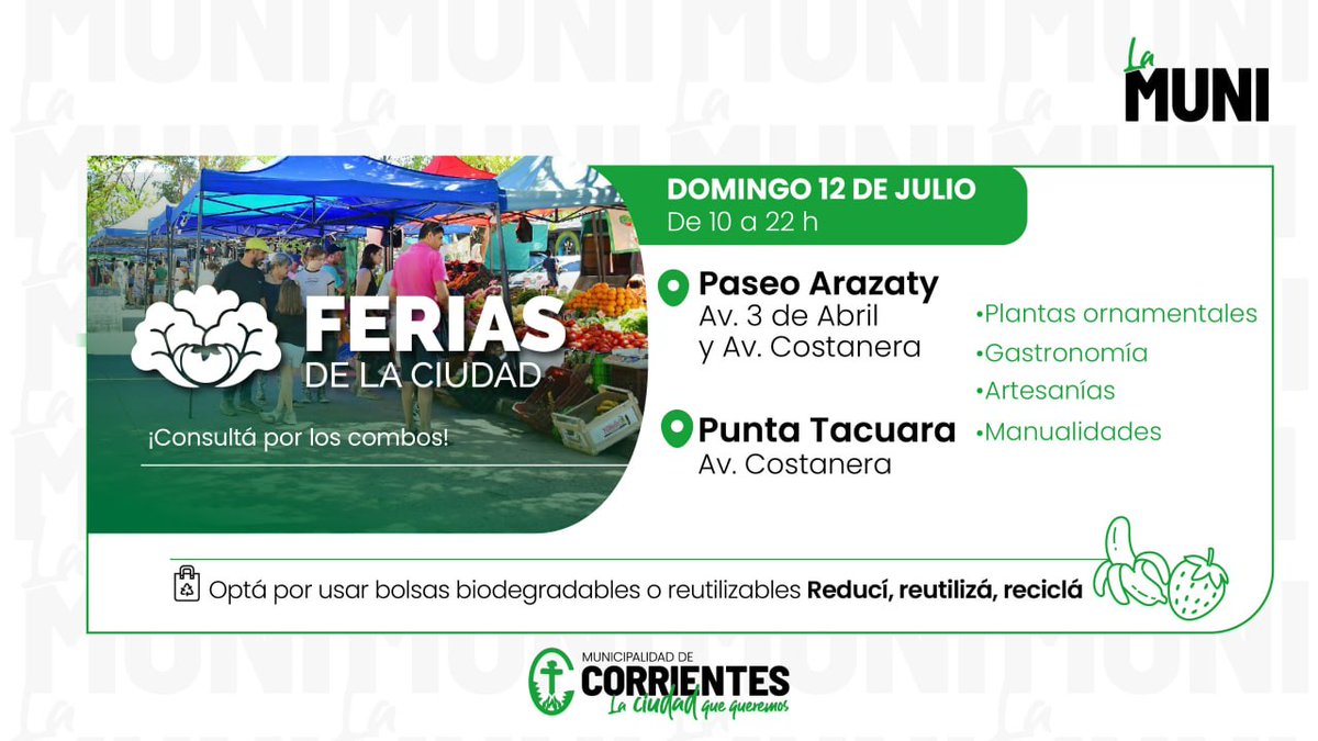 municorrientes's tweet photo. 🍊🥦#FeriasDeLaCiudad | Productos frescos, variedad de frutas y verduras, plantas ornamentales y dulces regionales para toda la familia.

🕗 Hasta las 13
📍 Paseo Arazaty
📍 Punta Tacuara https://t.co/FDGnVo0rW6