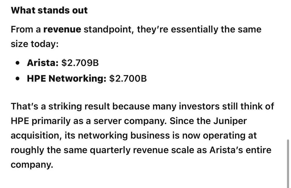 ATHorDie18's tweet photo. @beanstockdoc yo you have to check this out. 

Even Chat with as surprised when I pointed this out. 

If you stripped everything else from $HPE and just compare their networking revenue, it's identical to one of the most respected networking companies in the world, $ANET. 

$ANET did the same revenue as $HPE in regards to networking yet it trades at a 44-45x forward PE.. 200B+ market cap. Insane rerate that's coming.
