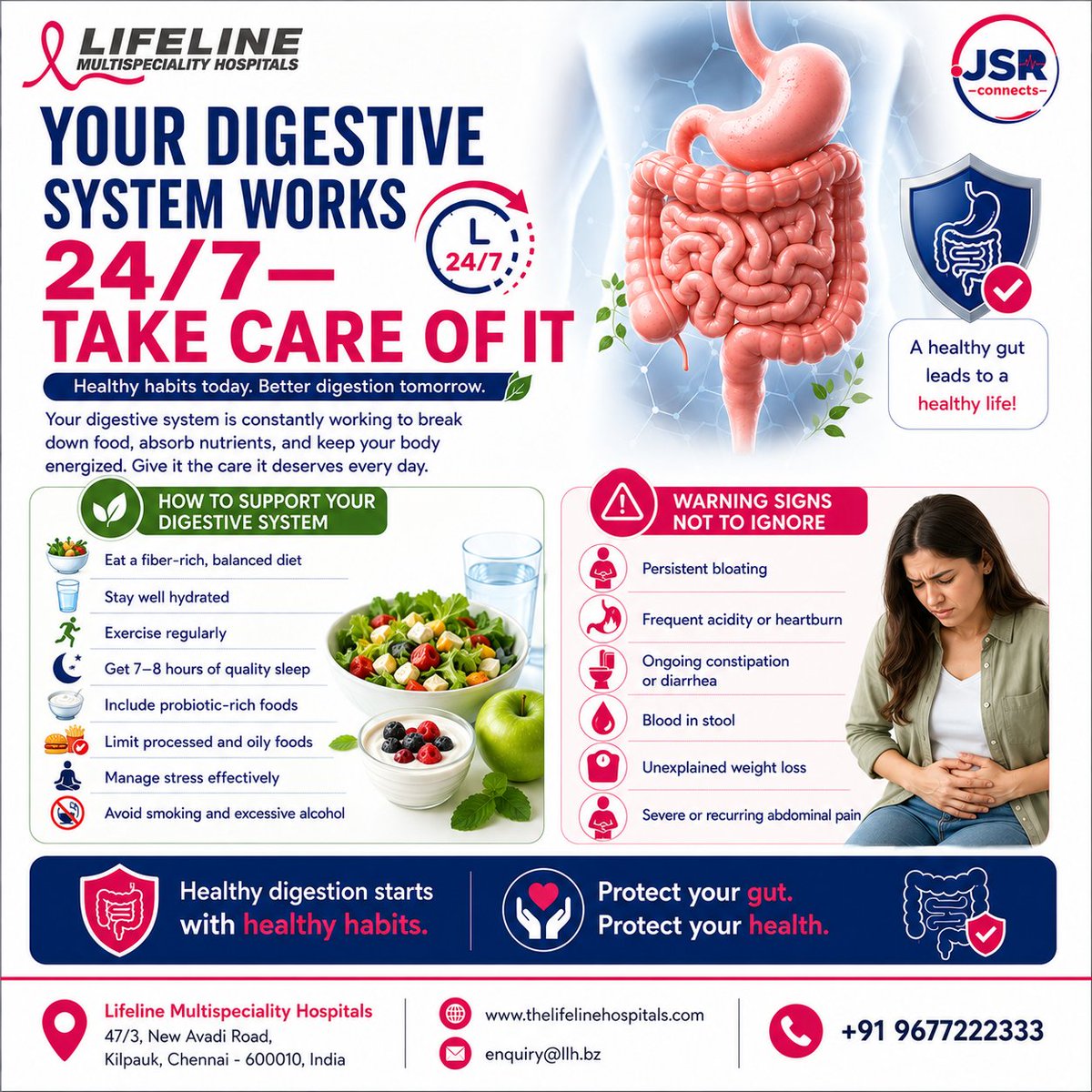 JSRconnect's tweet photo. Small daily habits can make a big difference to your digestive health.
Eat well, stay active, and listen to your gut.
#guthealth #healthytips #digestivecare #lifelinehospitals #DRJSR https://t.co/kFz0oS2eaR
