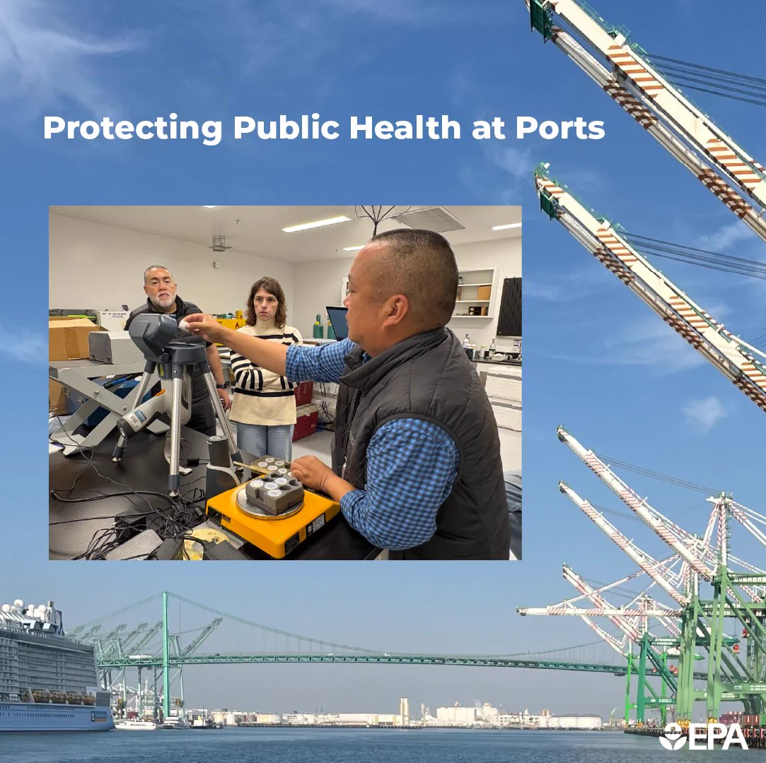 Scientist demonstrates using XRF technology to two enforcement inspectors at EPA's Hayward facility with text that says "Protecting Public Health at Ports" with the EPA logo

Los Angeles/Long Beach Seaport in background