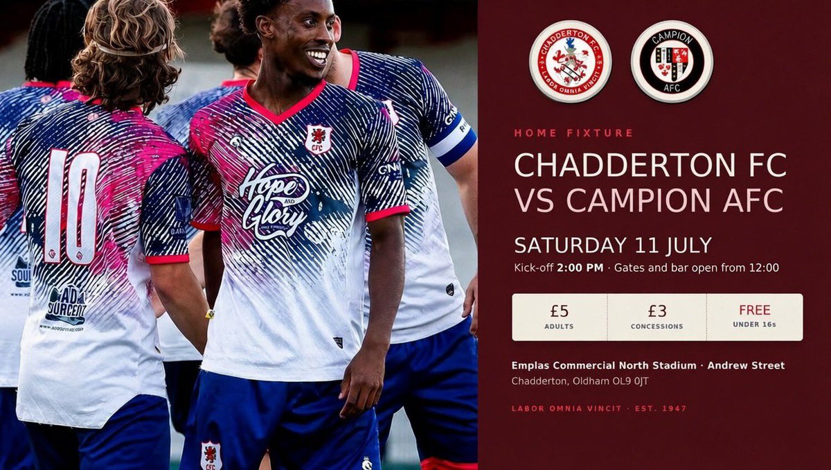 ChaddertonFC's tweet photo. We are back at The Emplas Commercial
North Stadium on Saturday as we entertain @CampionAFC in another tough Pre-season fixture for the boys.
⏰ 2pm KO
🍔 @marlowes_chad
🍺 Bar open 12:00
🐶 Dogs welcome
Come & Support the squad as we work towards the 1st August! #UpTheChad https://t.co/5yRPwimzug