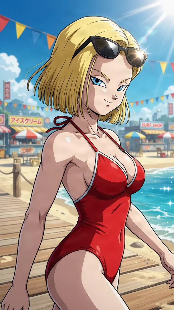 DaddyJim's tweet photo. Boardwalk walk: flip flops or barefoot? #DragonBall #Android18 https://t.co/mug6jqBCZq