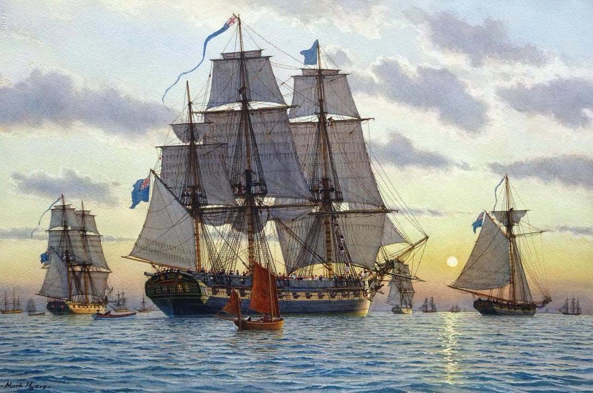 DockYardWall's tweet photo. HMS Medusa (32) departs the Downs in August 1801, flying the Blue Ensign, her commission pendant, and the flag of a Vice-Admiral of the Blue from her fore topmast. A striking depiction of the Royal Navy at the height of the Age of Sail.

🎨 Mark Myers

#NavalHistory #AgeOfSail #RoyalNavy #MaritimeArt