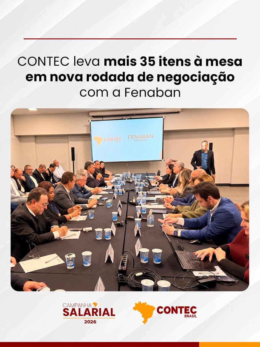 CONTEC_BRASIL's tweet photo. 📌 A CONTEC participou, em São Paulo, de nova rodada com a Fenaban pela Campanha Salarial 2026. Foram debatidos cerca de 35 itens em cinco eixos: emprego, jornada, teletrabalho, condições de trabalho e segurança bancária.

Confira os detalhes aqui: https://t.co/6xcR1frBwy https://t.co/EU3h9HhMGg