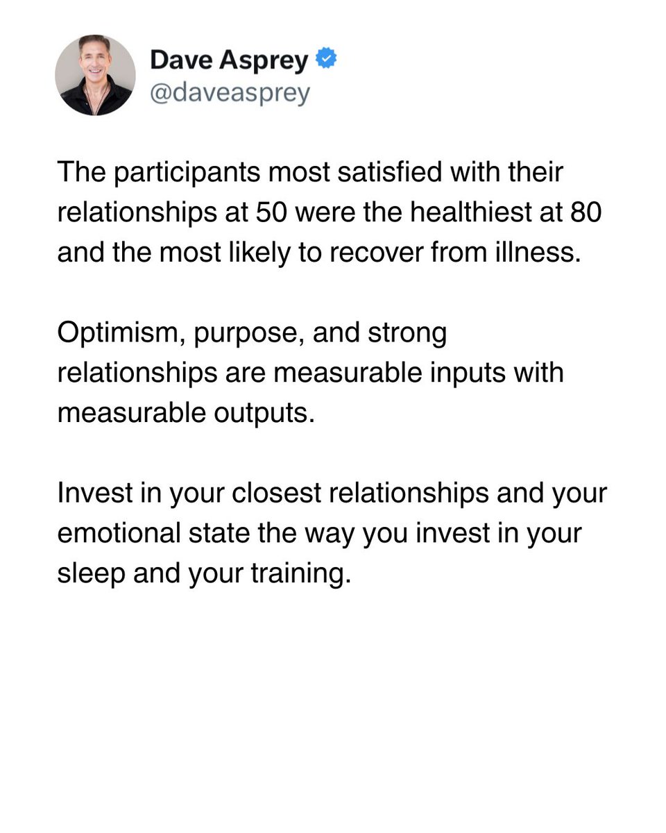daveasprey's tweet photo. I stopped treating happiness like a bonus and started treating it like part of my longevity plan.

Your emotions change your biology. Chronic stress keeps cortisol high. High cortisol speeds aging and makes recovery harder.

Nobody tells you your relationships can matter as much as your workouts. Protect your peace. Build strong relationships. Your body keeps the score.