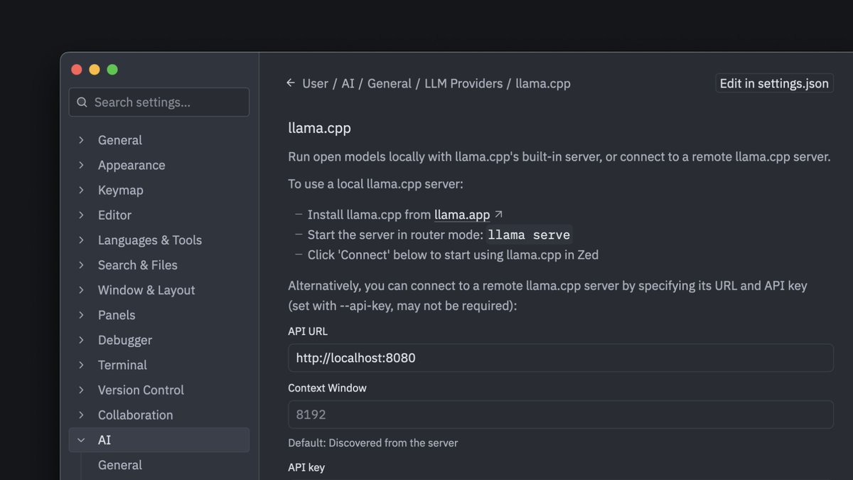 zeddotdev's tweet photo. 🚀 Zed v1.10 is out! 

Thanks to our friends at @huggingface we finally have support for llama.cpp in Zed. https://t.co/jR2pa6elU8