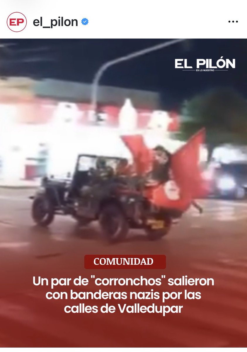 lauramcomunica's tweet photo. Llamar “corronchería” a un acto con simbología nazi no es un detalle de lenguaje: es una decisión editorial. Y hay algo más grave: “corroncho” nombra la identidad cultural de la Costa —su música, su orgullo regional—. Usarla aquí no minimiza el hecho, ensucia esa identidad con un símbolo que le es ajeno.

El nazismo no tiene raíz costeña ni vallenata. Esto no es corronchería. Es simbología nazi en la calle.
