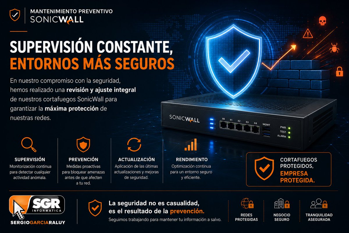 sgrinformatica's tweet photo. 🛡️ La prevención sigue siendo la mejor estrategia en ciberseguridad.

Hemos completado una revisión preventiva de los cortafuegos @SonicWall que administramos para reforzar la protección de nuestros clientes y mantener sus infraestructuras seguras.

#SonicWall #Ciberseguridad https://t.co/D8W0liOVdl