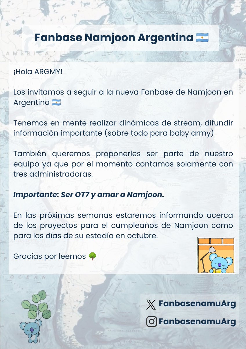 FanbasenamuArg's tweet photo. Hola gente bella 🌹queremos invitarlos a que sigan a la nueva fanbase de namu en Argentina. 

Nuestros Dm's están siempre abiertos ante cualquier sugerencia y recomendaciones. 

Se agradece difusión 🥰 https://t.co/tHcIR9sTr5