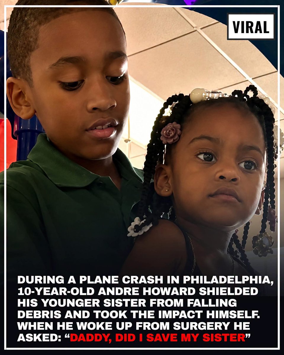 StumPDem144000's tweet photo. A 10-year-old boy is being hailed as a hero after risking his own life to protect his little sister during the deadly plane crash in Philadelphia.

Andre “Trey” Howard III was out with his father and siblings getting doughnuts when a medical transport jet crashed near Roosevelt.. https://t.co/8HPQflYXOP