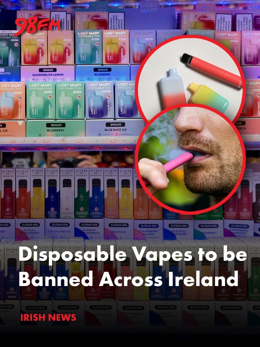 98FM's tweet photo. 🚭 Disposable vapes are set to be banned across Ireland.
Legislation has now passed through the Oireachtas, meaning the sale of single-use vapes is expected to be outlawed from early 2027.
#98fm #vapeban #Ireland https://t.co/wOJ1FNd9fa