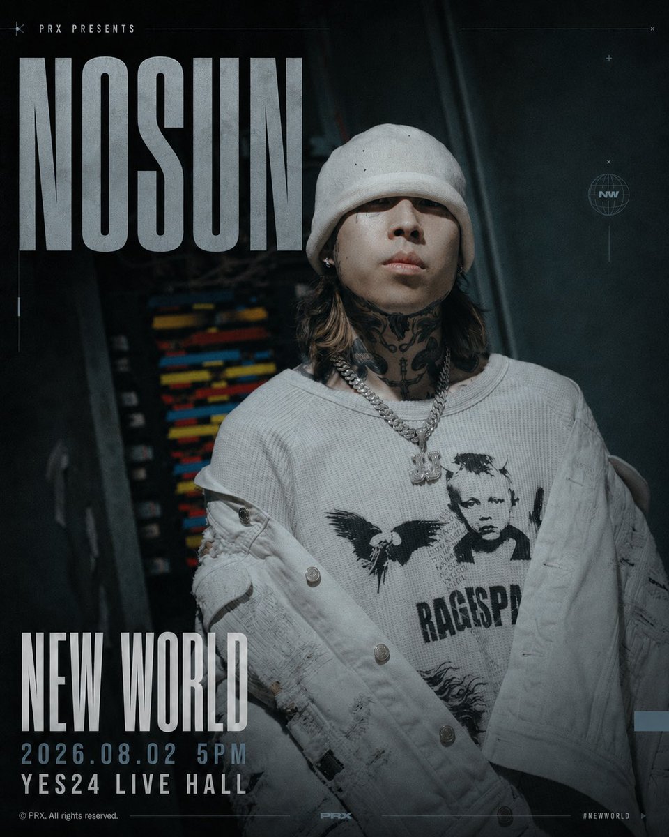 prx_presents's tweet photo. 노선(#NOSUN)님의
<NEW WORLD> 무대가 패럴랙스의 #뉴월드콘서트 에서 펼쳐집니다!

🌏EP.01 NEW WORLD

📌
날짜: 2026년 8월 2일 (일) 5PM
장소: YES24Livehall
티켓 오픈: 2026.07.15 (WED) 6PM
예매처: YES24, NOL 
티켓 가격: 99,000원

#노선 #NOSUN #NEWWORLD #prx #Concert #hiphop https://t.co/EHDjPjmKFk