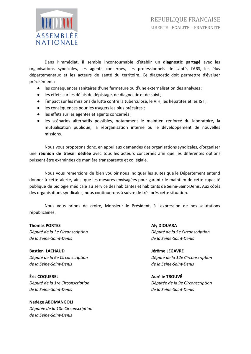 Portes_Thomas's tweet photo. Avec l’ensemble des député·es LFI de Seine-Saint-Denis, nous interpellons Stéphane Troussel : la fermeture du laboratoire départemental de biologie médicale de Bondy serait une faute politique et sanitaire.

Dans le département le plus touché de France hexagonale par la tuberculose, dans un territoire où les inégalités de santé explosent, supprimer un outil public de dépistage, de prévention et de suivi est irresponsable.

Nous demandons la suspension immédiate de ce projet, un vrai dialogue avec les agents et les syndicats, et un plan de maintien et de renforcement du laboratoire.

On ne combat pas les inégalités de santé en fermant les services publics.