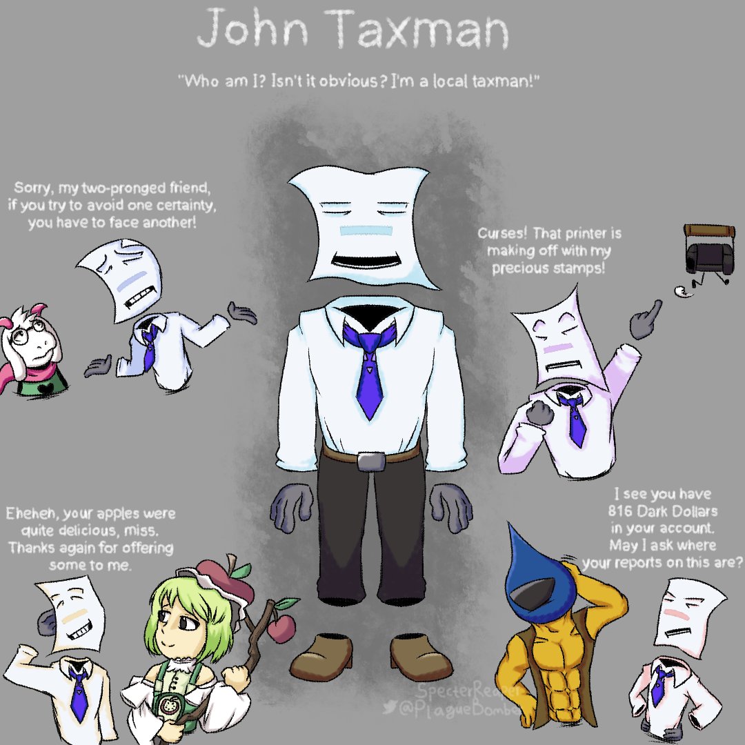 PlagueBomber's tweet photo. Apparently Apple Girlington has been making a comeback in the Deltarune community, so here's the one time I drew her!
And I guess John Taxman from a different Deltarune joke is there as well.
And Lancer from RIBBIT.

#Deltarune #Touhou https://t.co/DylPW4HmA2