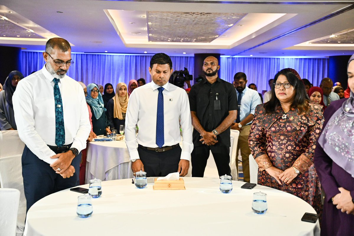 presidencymv's tweet photo. Vice President Uz @HucenSembe attends the official ceremony marking 50 years of the Maldivian Government's dental services. During the ceremony, he presented long-service awards to the sector's longest-serving professionals in recognition of their dedication and unveiled a commemorative publication chronicling the history and evolution of dental services in the Maldives.