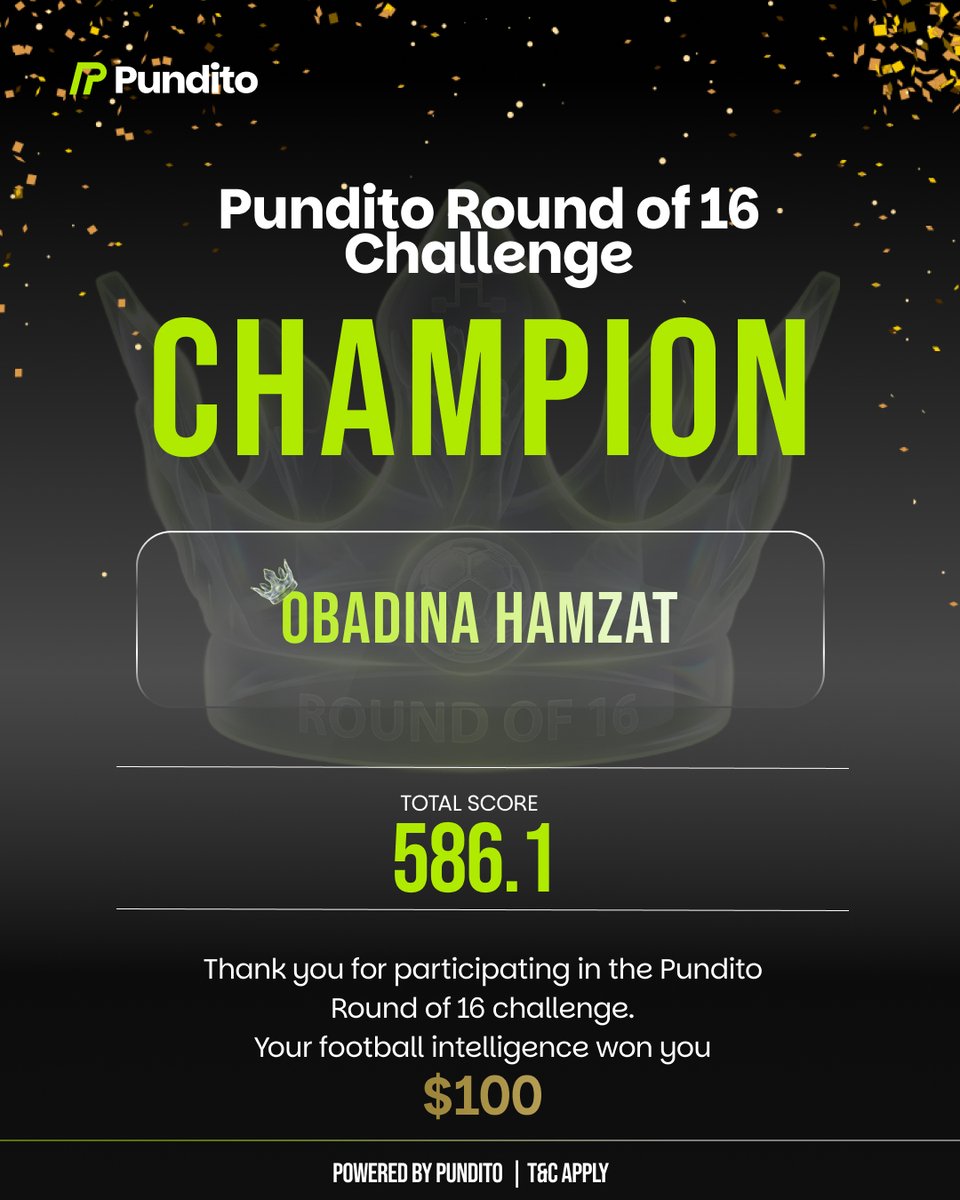 playpundito's tweet photo. 👑 KING OF THE ROUND OF 16

After eight blockbuster knockout matches, hundreds of Combined XIs, and plenty of football IQ on display, we have our Round of 16 winner. 👏

🏆 @ObaofLagos16
📊 586.1 Points

A brilliant display of football Knowledge throughout the Round of 16 earns him the top spot and the $100 prize.