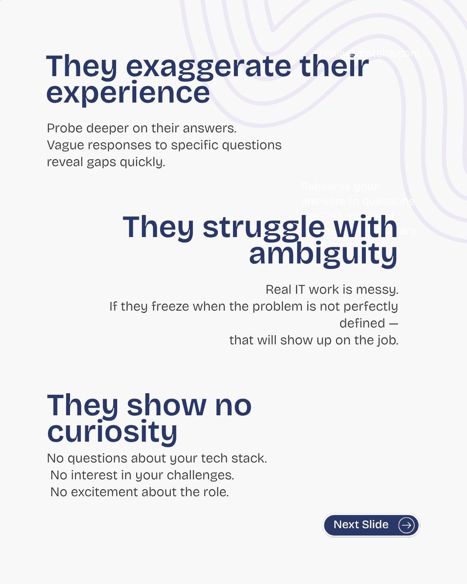 YushaInfo's tweet photo. A great resume does not always mean a great hire. 
Here are the red flags to watch during technical interviews —
#TechnicalInterview #HiringTips #ITRecruitment #SoftwareEngineering
#TechHiring #RedFlags #TalentAcquisition #HRLeaders #ITStaffing #CanadaITJobs #TorontoTech https://t.co/Gha7uPWWgJ