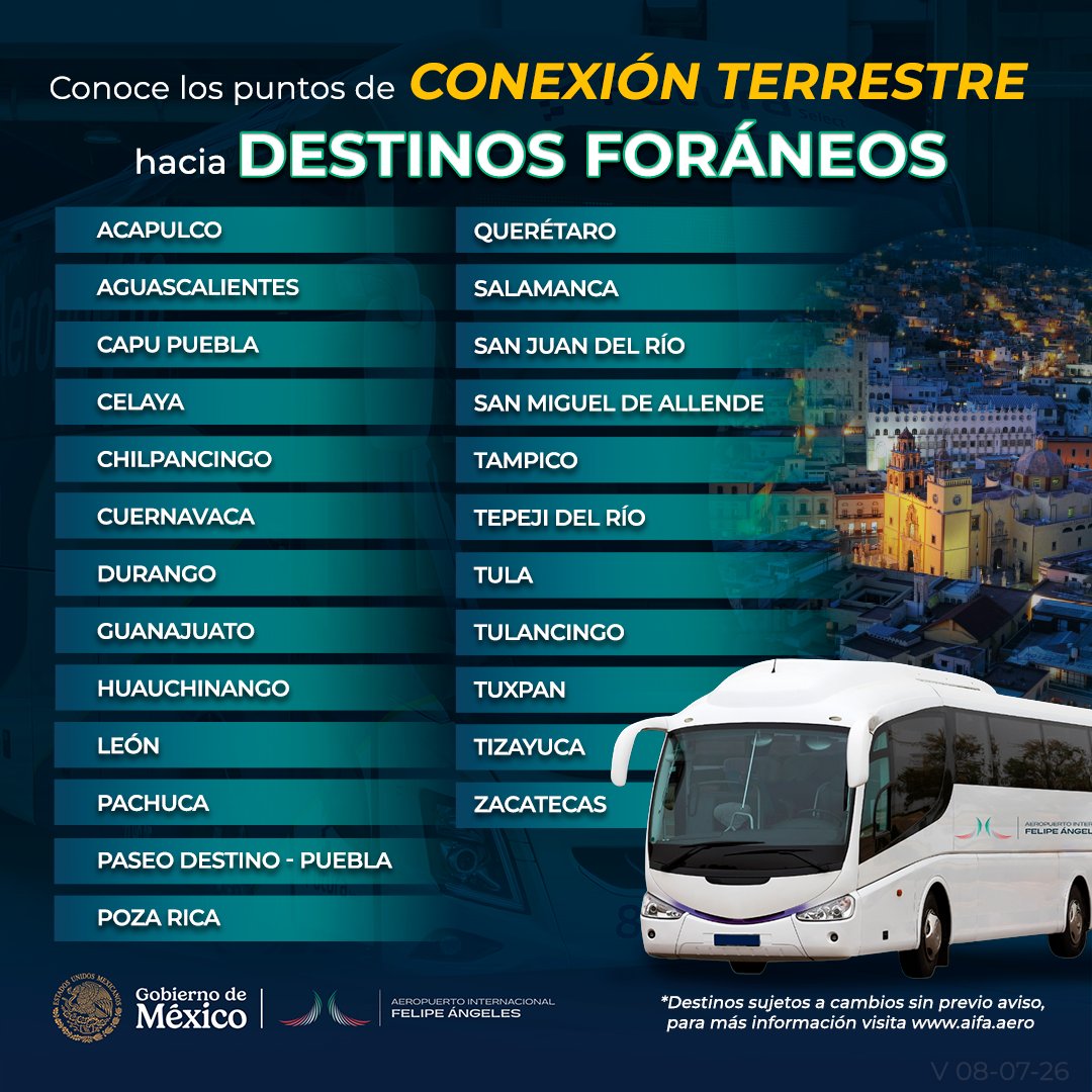 aifaaero's tweet photo. Conoce la conexión terrestre del #AIFA hacia destinos foráneos. 📷
Consulta el link para más información 📷 https://t.co/qneyzER2eF
#ExperienciaAIFA #AeropuertoInternacionalFelipeÁngeles #ConectividadAIFA https://t.co/16C5MIVwqh