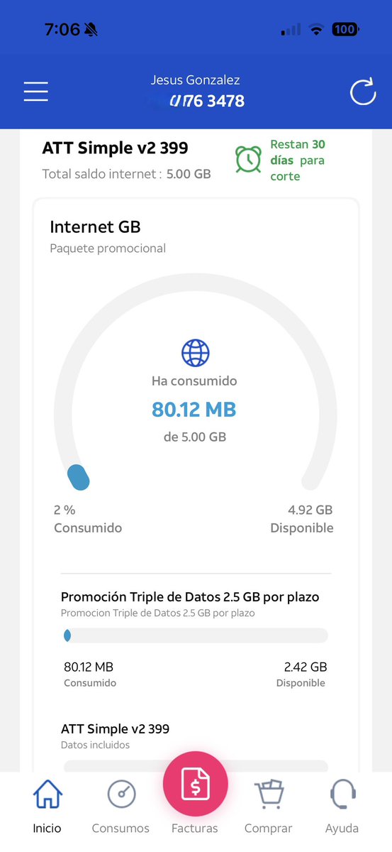 CSXEJ's tweet photo. @ATTMx @ATTMx @ATT Hola buen dia me podrian ayudar con esta situación el dia 5 de mayo renové mi plan con con la de 7.5 Gb de navegación pasa un mes y ahora en la aplicación me dicen que son 5Gb. El servicio al cliente por teléfono no me dan respuesta https://t.co/79VO9zN8n2