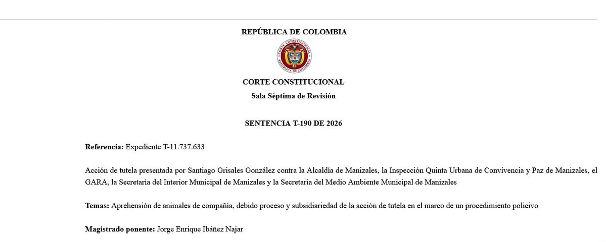NormatividadCEL's tweet photo. 🔘Corte Constitucional. Temas: Aprehensión de animales de compañía, debido proceso y subsidiariedad de la acción de tutela en el marco de un procedimiento policivo https://t.co/HzxgDsjSDn https://t.co/kyPdVCCU0i
