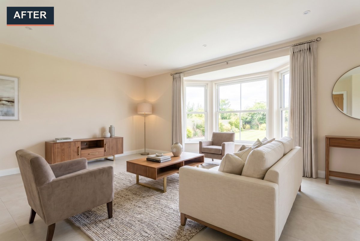 Staging_Studio's tweet photo. That curved bay window needed a room worthy of it. Linen drapes, a walnut coffee table with brass legs, and a sofa-and-chair arrangement now anchor the natural light beautifully. Empty tile to lived-in lounge. #VirtualStaging #RealEstateMarketing #RealEstatePhotography https://t.co/gveWT5u6Sb