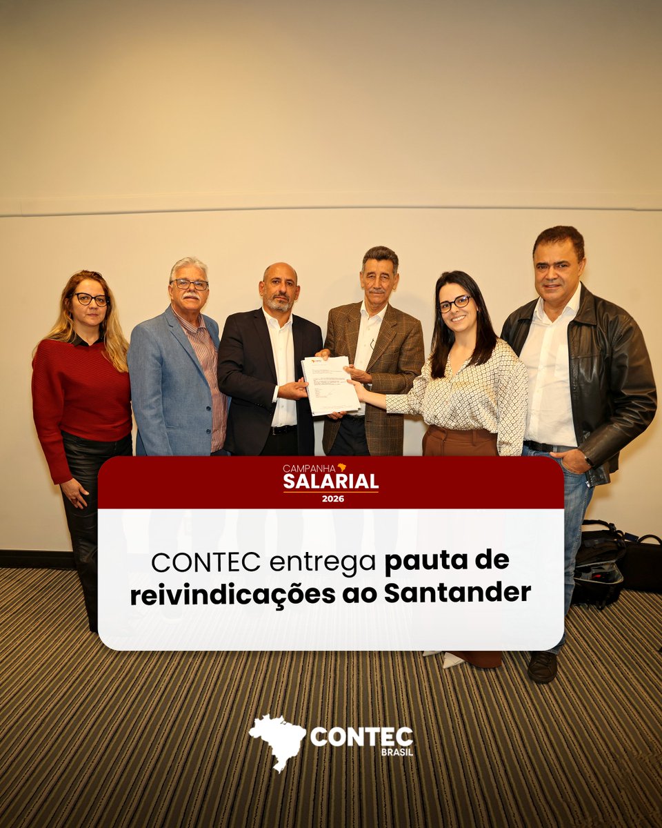 CONTEC_BRASIL's tweet photo. 📌 A CONTEC entregou ao Santander a pauta específica da Campanha Salarial 2026. A negociação inclui acordo aditivo à CCT, PPRS e direitos dos trabalhadores, além das tratativas nacionais com a Fenaban.

Leia mais em: https://t.co/XFY7gd2pY8 https://t.co/G2ht4UqFMW