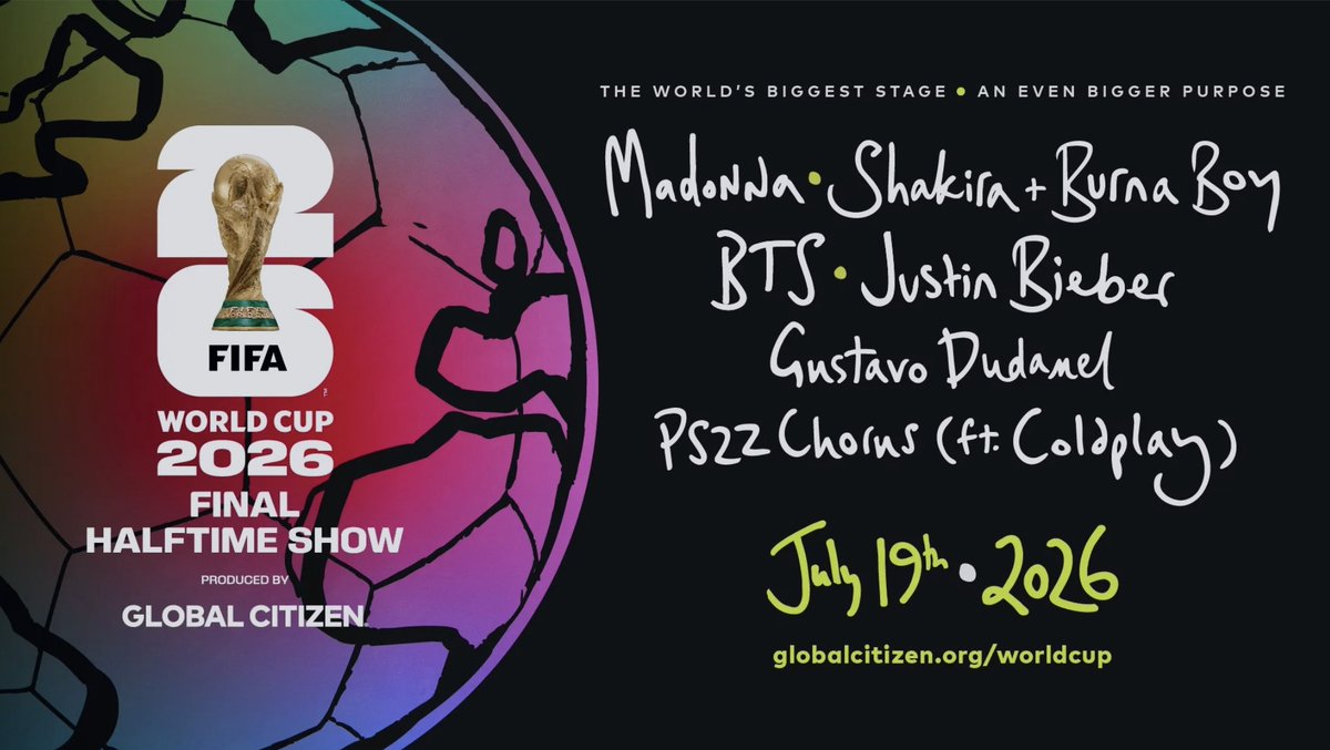 FIFAcom's tweet photo. Justin Bieber to co-headline first-ever FIFA World Cup™ Final Halftime Show with Madonna, Shakira and BTS! 🤩🎶