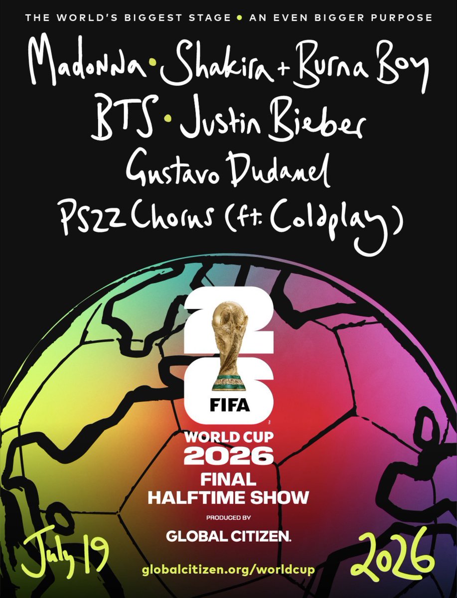 turnebieber's tweet photo. Justin Bieber se apresentará no show do intervalo da final da Copa do Mundo FIFA de 2026 no domingo, 19 de julho de 2026. https://t.co/Db1mVxryV8