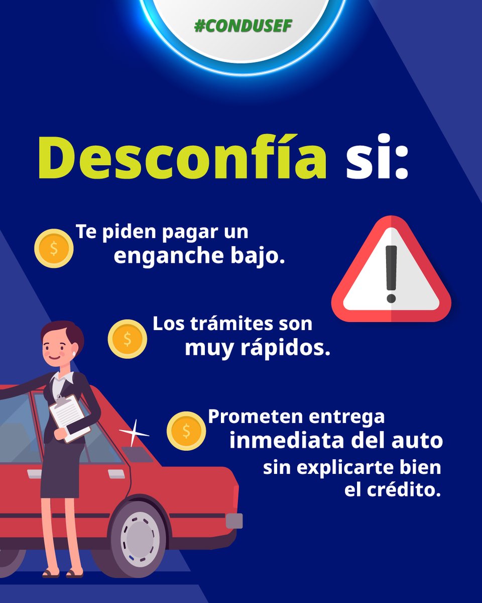 CondusefMX's tweet photo. 🚗⚠️ La usura también puede esconderse en los financiamientos automotrices.

Recuerda: una institución financiera confiable te informa, no te presiona.

🔎 Identifica las señales de alerta y evita caer en fraudes.

💰 ¡Protege tu dinero y tu #BienestarFinanciero!

#AltoAlFraude https://t.co/dQz6ssvTo2