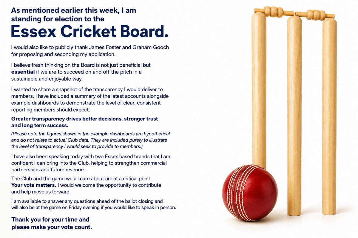 danmacca81's tweet photo. I am proudly standing for @EssexCricket Board Election which opened today. 

I am former Commercial Director where I spent 8 happy yrs, lifelong fan of the club, a proud Member and a passion to see renewed success for the club at all levels…

#EssexCricket #HeritagePrideBelief https://t.co/p0FQgxhRBB