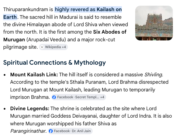 b1_mani's tweet photo. @Sumamega As per story, Murugan imprisoned Brahma in kailash. Thiruparankundram is considered as Kailash on earth(as per Google Gemini). Brahma's jail is in Thiruparankundram (locals, please confirm this fact).

Connect all the dots. Hence Murugan lived in Madurai of Meenakshi. https://t.co/Iw5TWCnE1P