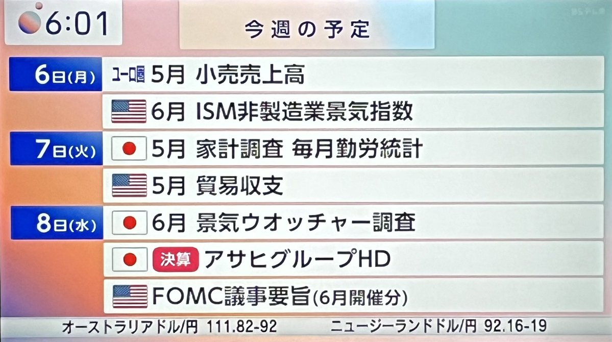 AAliceAliceAA's tweet photo. 今週の予定 🪐水星逆行~7/24

6(月)🇺🇸6月ISM非製造業景況指数
7(火)🇺🇸5月貿易収支
8(水)🇯🇵6月景気ウオッチャー調査
 🇯🇵ETF分配金捻出売り
 🇺🇸FOMC議事録⭐️
9(木)🇯🇵さくらリポート
 🇯🇵決算：ファーストリテイリング（ユニクロ）・セブン＆アイH
10(金)🇯🇵SQ日
 🇯🇵決算：安川電機

#アリス #モーサテ https://t.co/HTFRermnh1