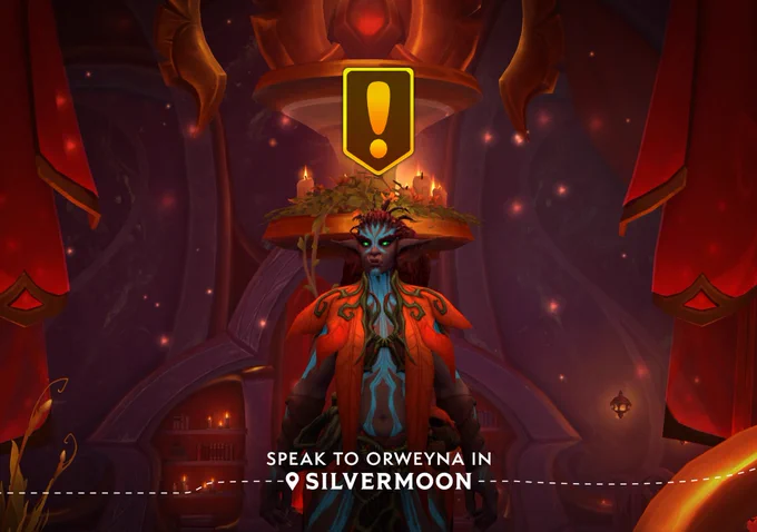 The haranir character Orweyna stands facing forward in a neutral position. A Quest Available marker in the form of an exclamation mark hovers above her head. In the background is ornate inlaid wood with soft golden structures bearing lit candles. Caption text reads “SPEAK TO ORWEYNA IN SILVERMOON” with a location pin marker. Dashed lines continue from the left and lead to the right.