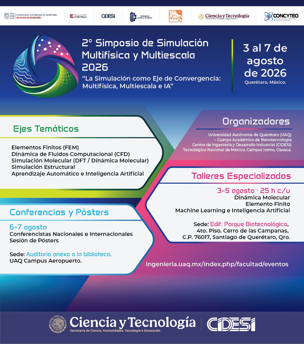 CIDESIMX's tweet photo. 2.º Simposio de Simulación Multifísica y Multiescala 2026
📅 3 al 7 de agosto de 2026
📍UAQ, Campus Aeropuerto, Querétaro, México
🔗 Consulta el programa y más información:
https://t.co/u4Irv3ZxSg
#Simulación #Multifísica #Multiescala #InteligenciaArtificial #MachineLearning https://t.co/Vcad4tsmNc