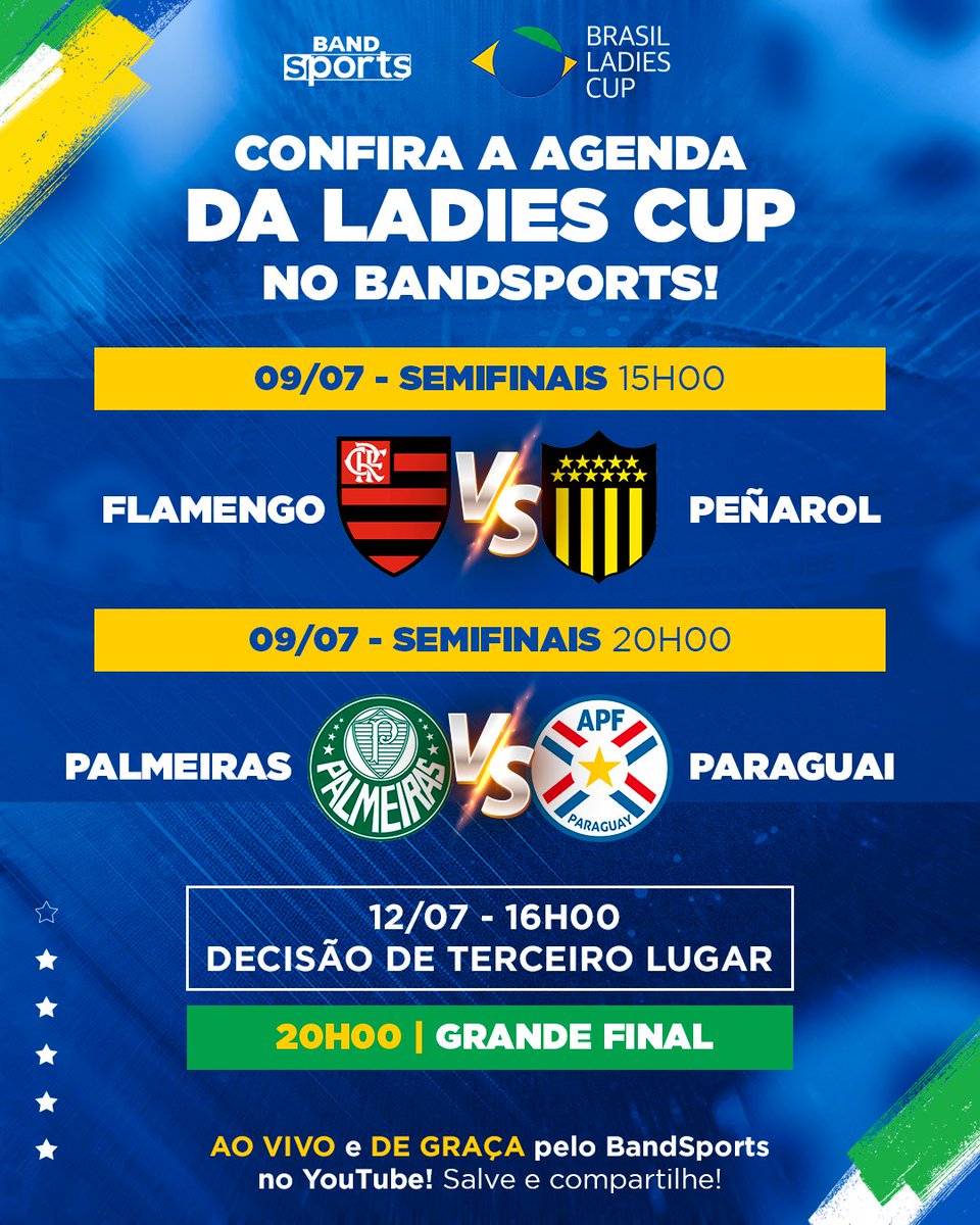bandsports's tweet photo. ANOTA NA AGENDA ⚽⏰ A partir desta quinta-feira, você acompanha no YouTube do BandSports as SEMIFINAIS da Brasil Ladies Cup! Vai torcer pra quem?

#BandSports #BrasilLadiesCup #FutebolFeminino https://t.co/hPtU21Eoev