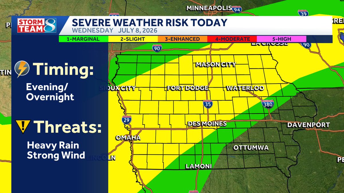 sloanedulany's tweet photo. HEADS UP | Much of the state could see some storms tonight. Storms will start in northern Iowa this evening and then move into central Iowa by the overnight hours. Some spots could see heavy rain but most of the state will get less than 2 inches.  #IowaWeather #DesMoinesWeather https://t.co/PFNMq1jw5h