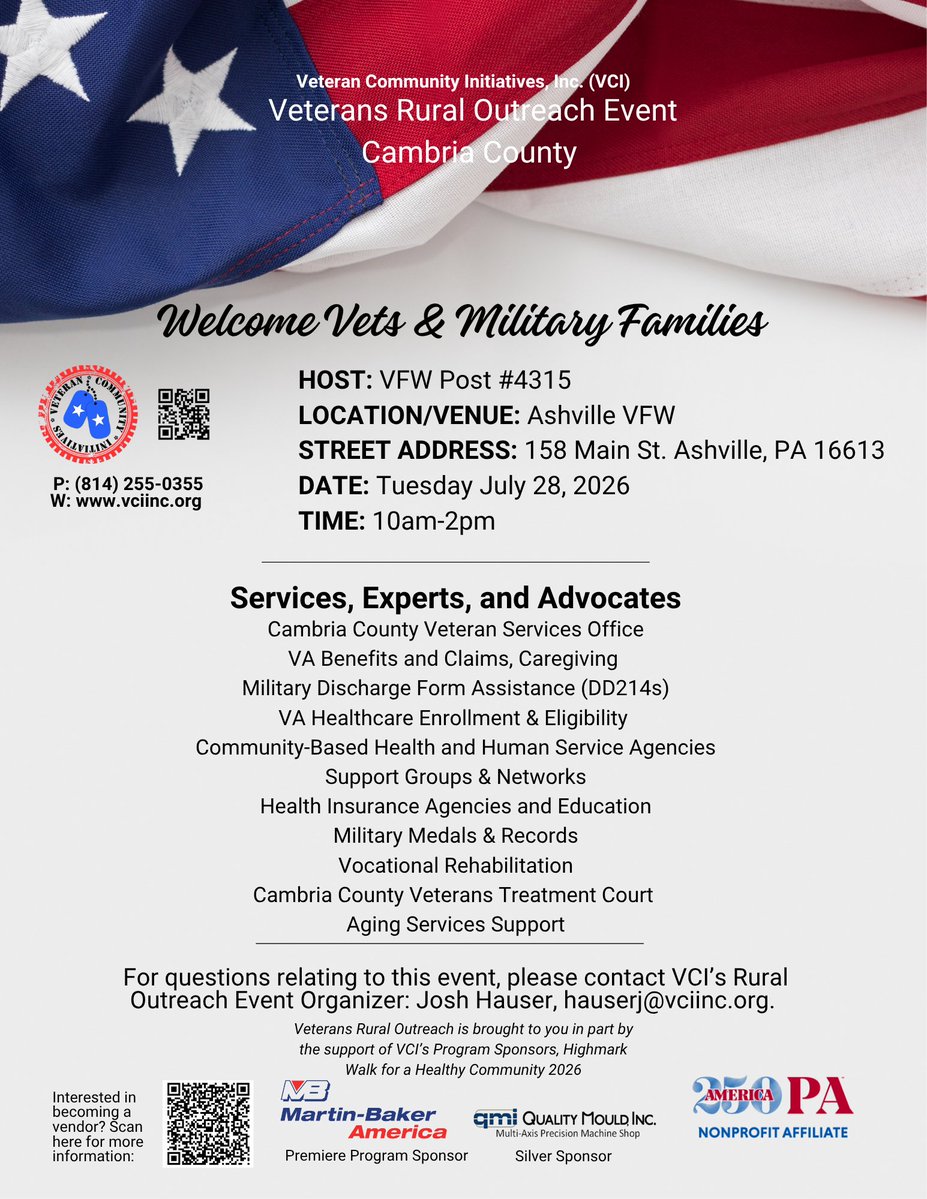 vci_inc's tweet photo. Join as at the Ashville VFW Post 4315 on July 28 from 10am-2pm to learn, get information, network, and socialize with other veterans, service representatives, and agencies. #CambriaCountyVets https://t.co/RffPeQCKzi