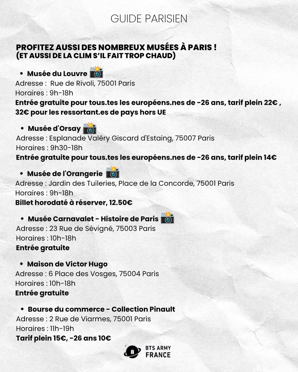 ARMYFRANCE_'s tweet photo. [GUIDE PARISIEN/PARIS GUIDE]

ARMYs,

Besoin d’aide pour planifier votre séjour à Paris ?

Nous vous avons préparé un guide touristique avec des adresses incontournables 🇫🇷 (musées, jardins, activités, culture coréenne…)
Petit bonus avec un challenge photo #WalkWithBTSinParis pour recréer leurs précédents passages dans la ville ! 📸

🇺🇸🇬🇧
ARMY,

Need help to plan your stay in Paris? 

We have put together a guide with some must-visit spots 🇫🇷 (museums, gardens, activities, Korean culture, etc.) 
A little bonus: the #WalkWithBTSinParis photo challenge to recreate their previous visits to the city! 📸

#BTS  #방탄소년단 #BTSARMY