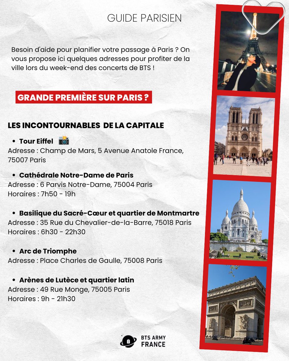 ARMYFRANCE_'s tweet photo. [GUIDE PARISIEN/PARIS GUIDE]

ARMYs,

Besoin d’aide pour planifier votre séjour à Paris ?

Nous vous avons préparé un guide touristique avec des adresses incontournables 🇫🇷 (musées, jardins, activités, culture coréenne…)
Petit bonus avec un challenge photo #WalkWithBTSinParis pour recréer leurs précédents passages dans la ville ! 📸

🇺🇸🇬🇧
ARMY,

Need help to plan your stay in Paris? 

We have put together a guide with some must-visit spots 🇫🇷 (museums, gardens, activities, Korean culture, etc.) 
A little bonus: the #WalkWithBTSinParis photo challenge to recreate their previous visits to the city! 📸

#BTS  #방탄소년단 #BTSARMY