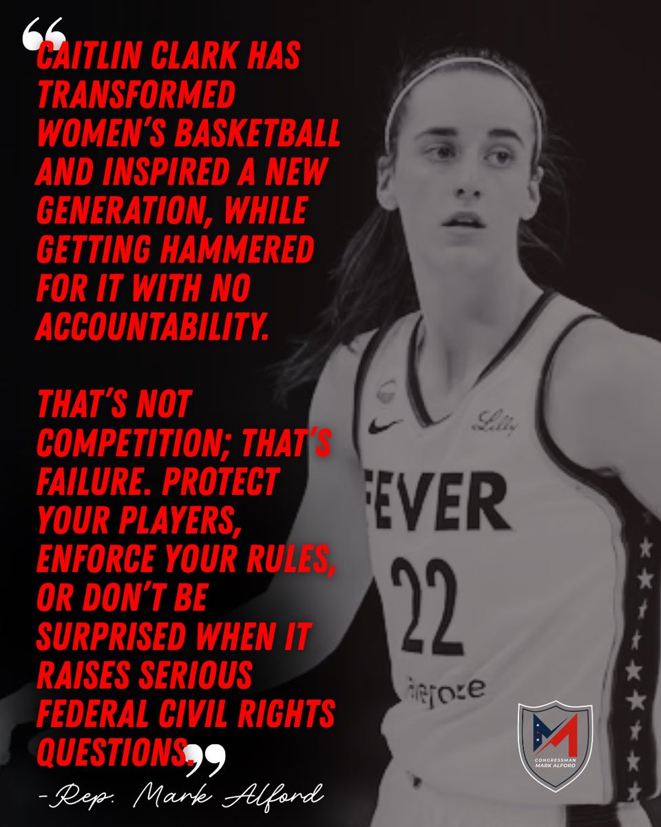 RepMarkAlford's tweet photo. 🚨Caitlin Clark has elevated women’s basketball, but the league has to match that with consistent enforcement and player protection. 

Proud to join @RepublicanStudy in sending a letter to the @WNBA to take this seriously. 🏀

https://t.co/x6EEtcp7rG https://t.co/xFnKCCTnlK
