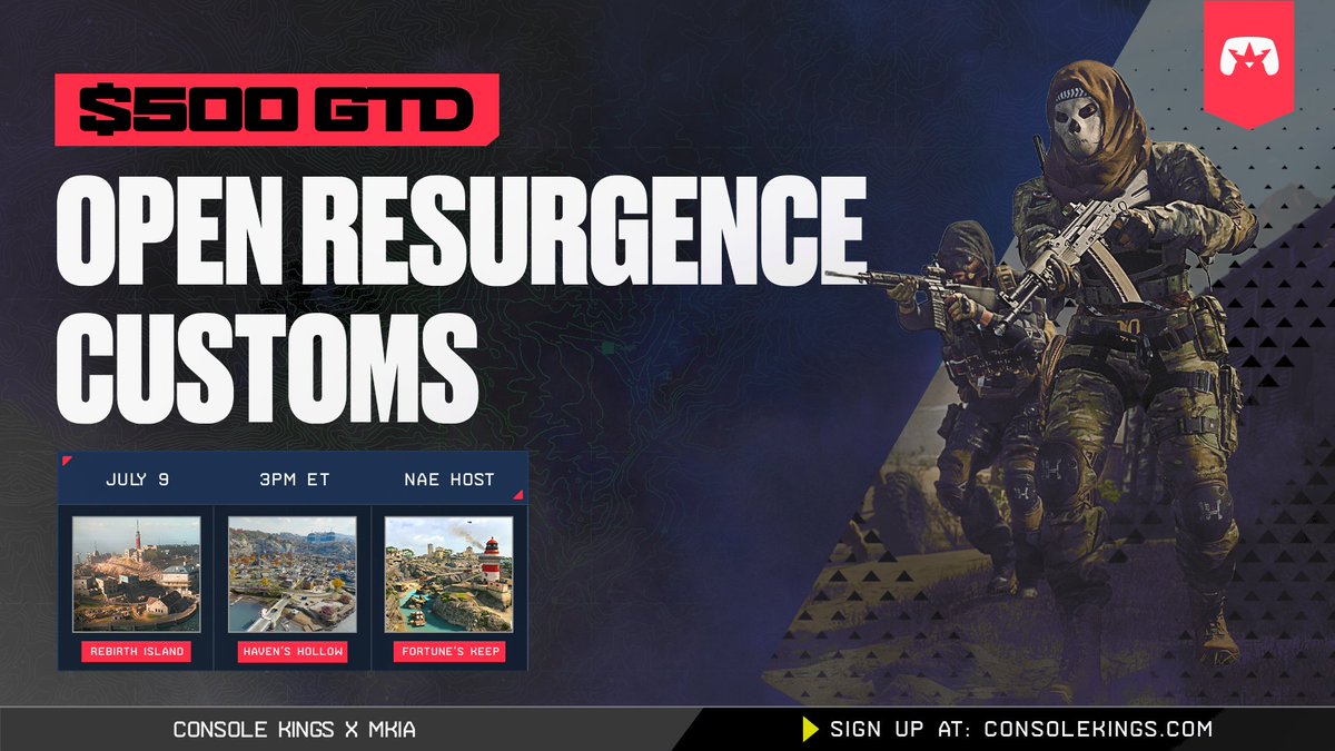 ConsoleKings's tweet photo. CK x @Mrsknowitall Open Resurgence Customs

📅 July 9th @ 3PM ET
🎟️ Free Entry
🤼 16 Teams - NO EWC '25 &amp; '26 + No Previous Winners
💰 $500
🌏 NAE Host

Not in the first 16? Join the waitlist and get added automatically if a team backs out 👇

https://t.co/zOMTMMt7ZH https://t.co/8Jp6BZgZdW